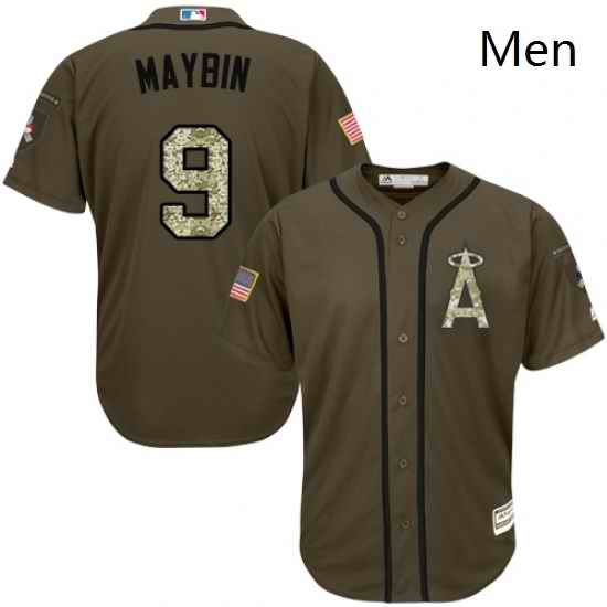 Mens Majestic Los Angeles Angels of Anaheim 9 Cameron Maybin Replica Green Salute to Service MLB Jersey